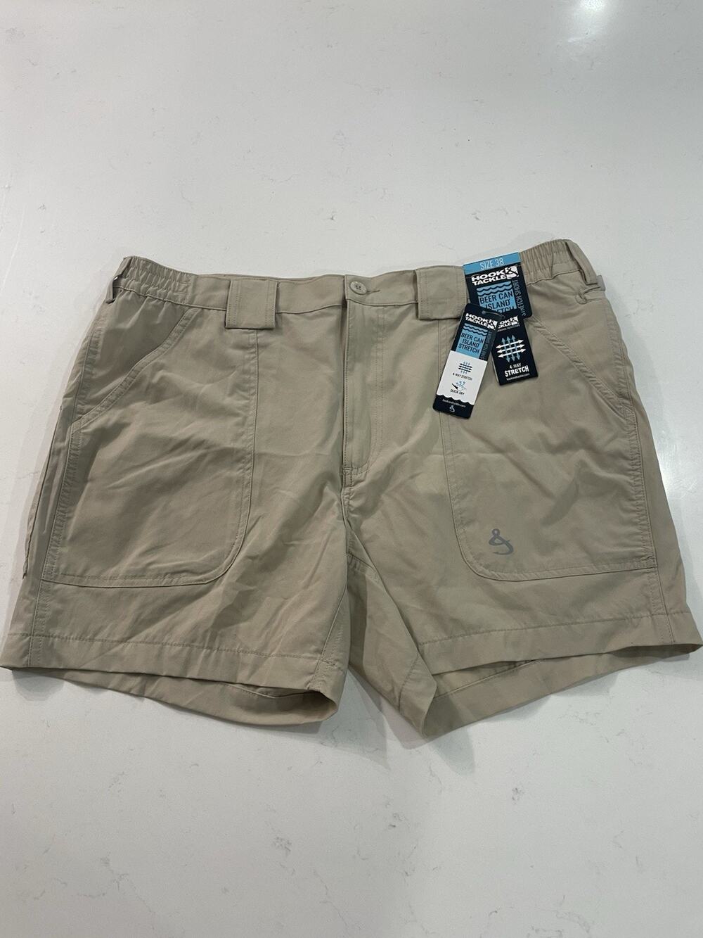 Hook & Tackle Beer Can Island Stretch Shorts Men’s Size 38 Tan Khaki NWT 5" In